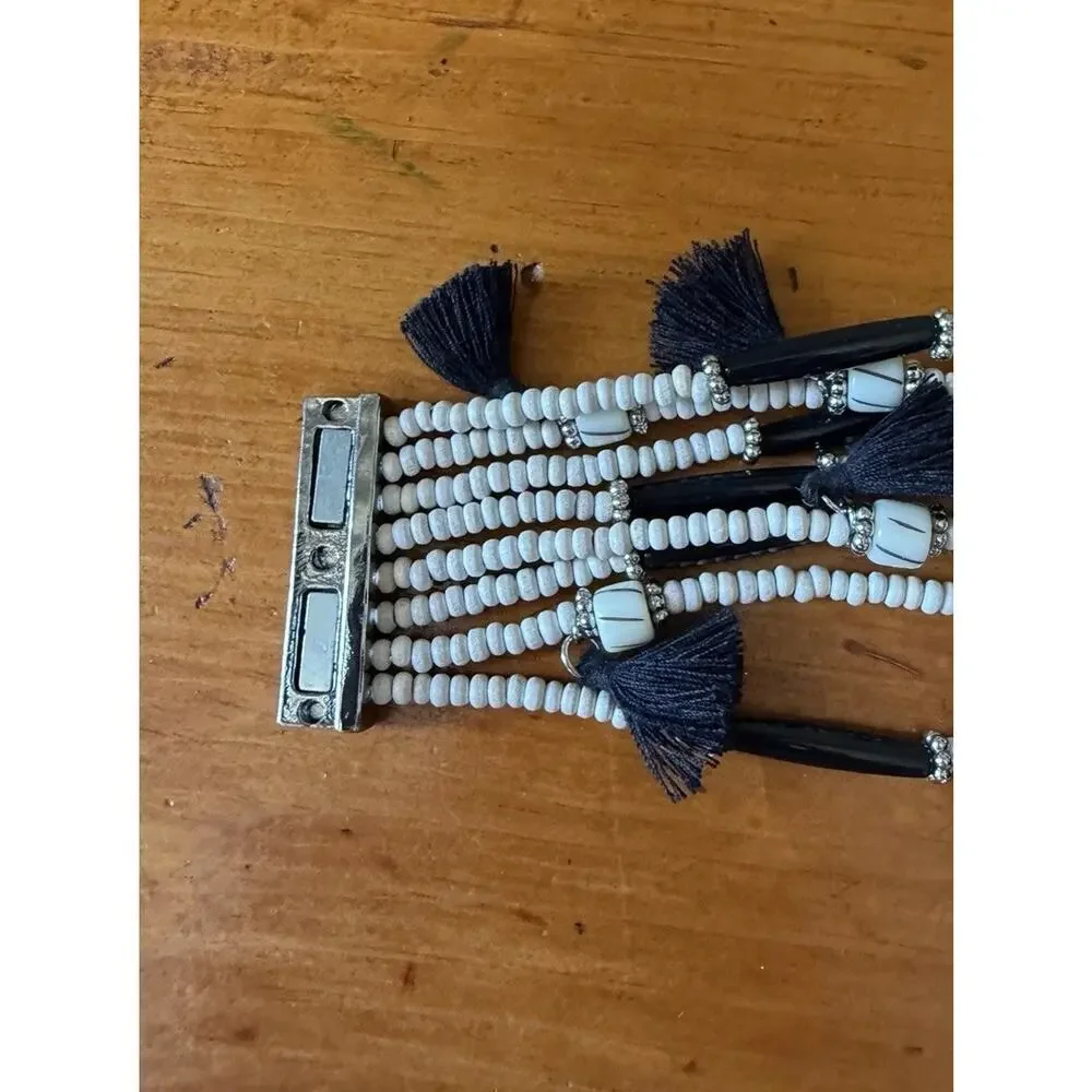 Boho Black White Beaded Bracelet Earrings Matching Set Tassel Statement Jewelry